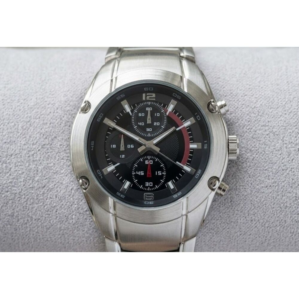 Merona Men's Quartz Sport Watch-Black Textured Dial–Steel Bracelet – (FMDM245)